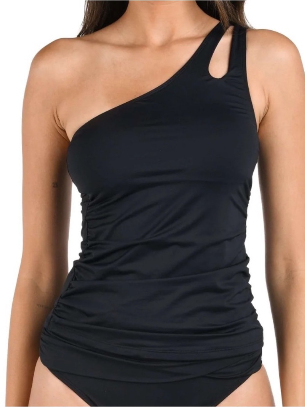 LA BLANCA Island Goddess One Shoulder Tankini Top Black Sz 10 NWT $93